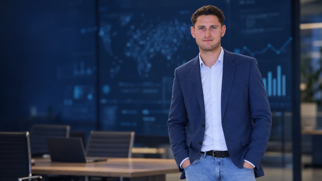 Fabian Hovestädt im smart-casual Outfit, stehend vor einem modernen Bürohintergrund mit Datenvisualisierungen